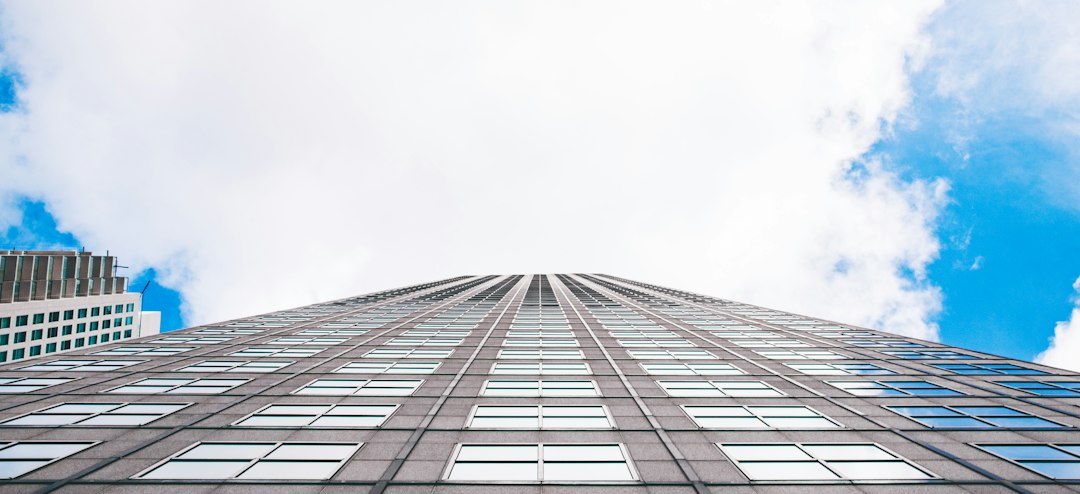 Looking upward between skyscrapers in Miami; photograph by Pontus Wellgraf